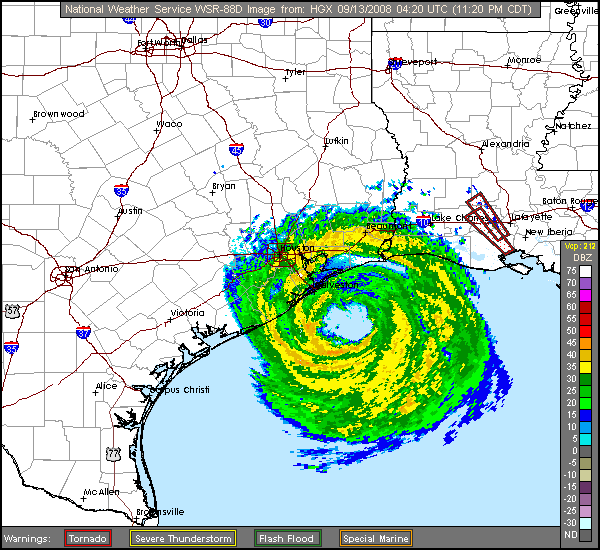 ハリケーンのアメリカ本土上陸直前のレーダー画像です。情報元はNOAAです