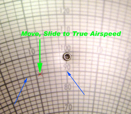 E6-B Flight Computer, Wind SideF@4. Slide Wind Velocity mark to True Airspeed